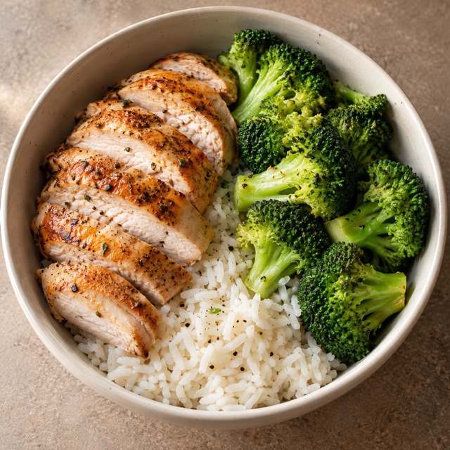 A photo of a chicken, rice, and broccoli bowl